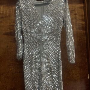 Verty Shimmering Silver Long Sleeve Dress